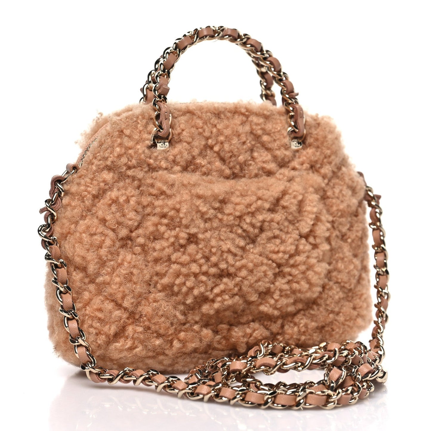 Shearling Quilted Shiny Coco Clutch With Chain Dark Beige
