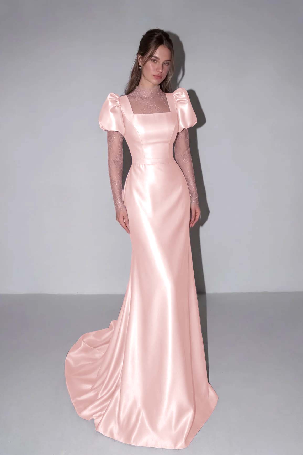 Lilac High Neck Mermaid Prom Dress Long Sleeves in Satin with Lace