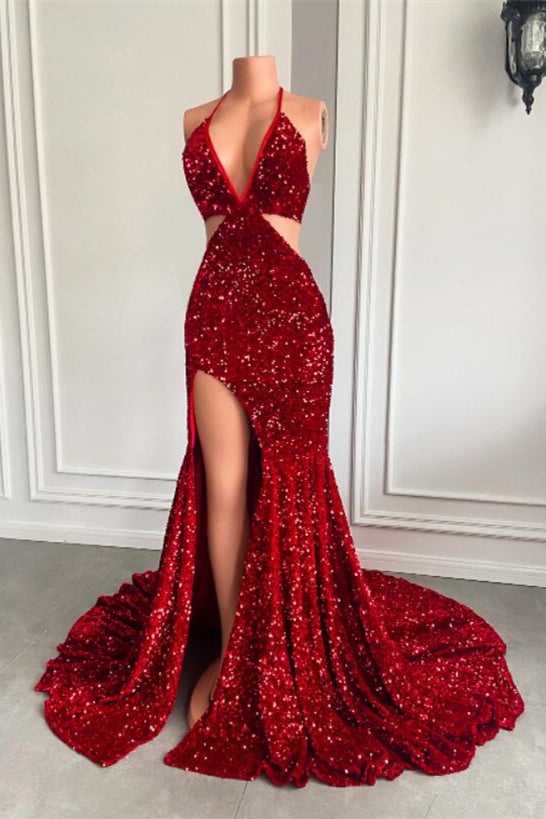 Halter Wine Red Sequins Mermaid Prom Dress With Slit