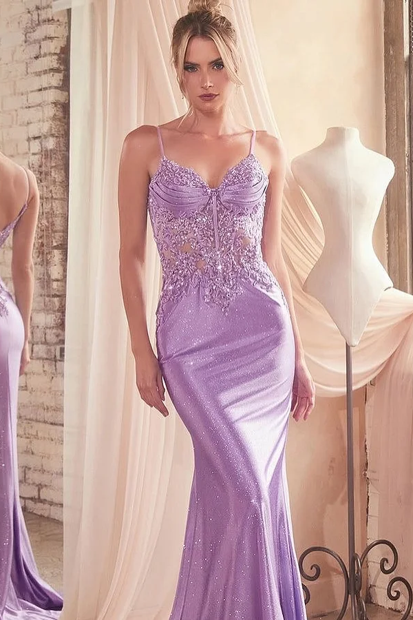 Purple Sleeveless Spaghetti Straps Mermaid Sequins Embrpidery Prom Dress