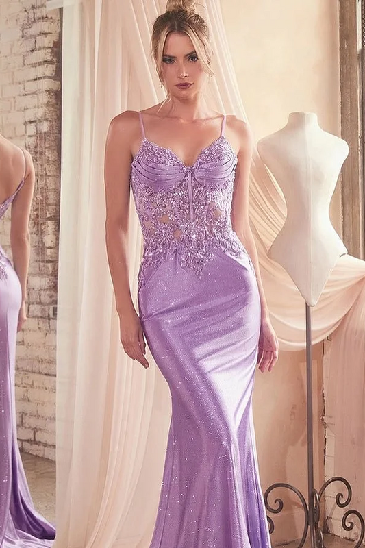 Purple Sleeveless Spaghetti Straps Mermaid Sequins Embrpidery Prom Dress