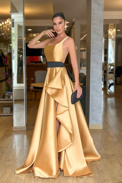 Charming Champange Satin Sleeveless Spaghtti Strap Long Prom Dress with Ruffles