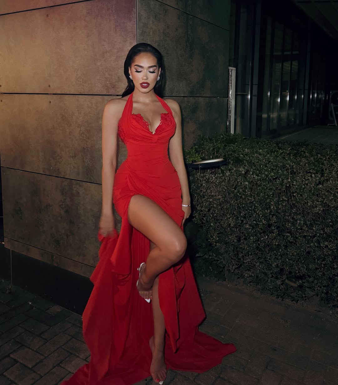 Red Sleeveless Halter Straps Slit Deep V-Neck Prom Dress