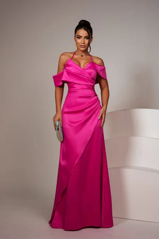Baby Blue Sleeveless Halter Strap Off-Shoulders V-Neck Prom Dress