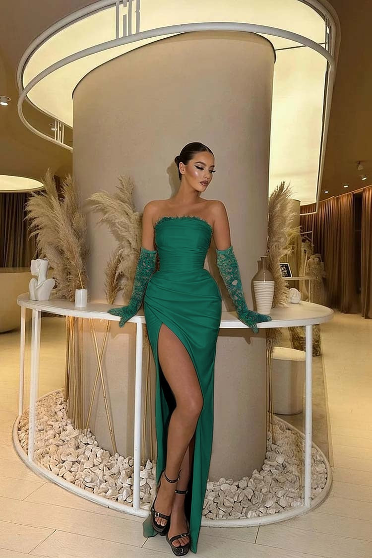 Black Sleeveless Strapless Square Mermaid Lace Prom Dress With Gloves