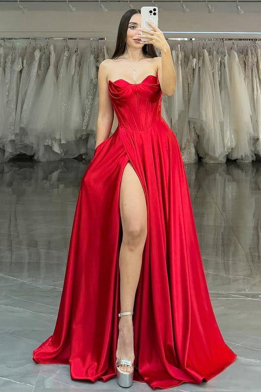 Charming Red Satin Sleeveless Strapless Long Pleated Prom Dress with Split