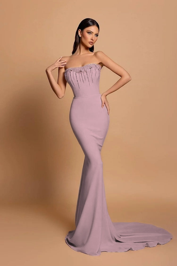 Strapless Pink Sleeveless Long Mermaid Beading Evening Dress