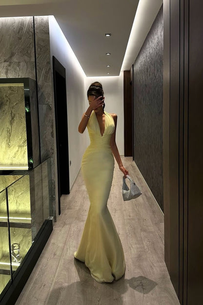 Sleeveless Deep V Neck Mermaid Halter Straps Prom Dress