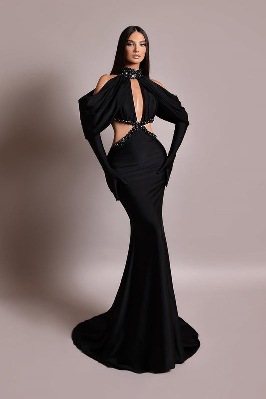 Black Long Sleeves High Neck Asymmetric Beads Mermaid Prom Dress