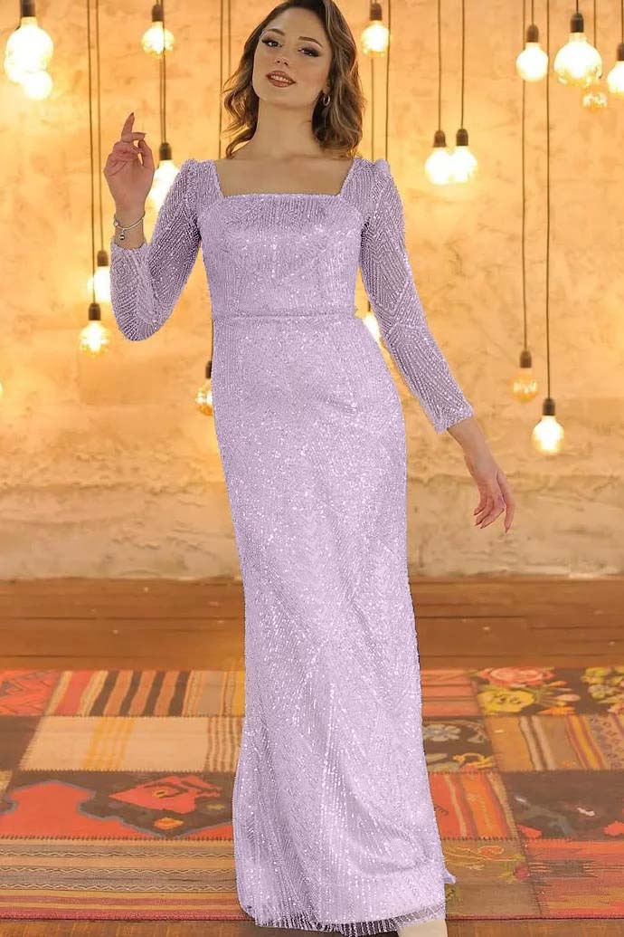 Luxurious Long Sleeves Square Long Evening Dress With Beading
