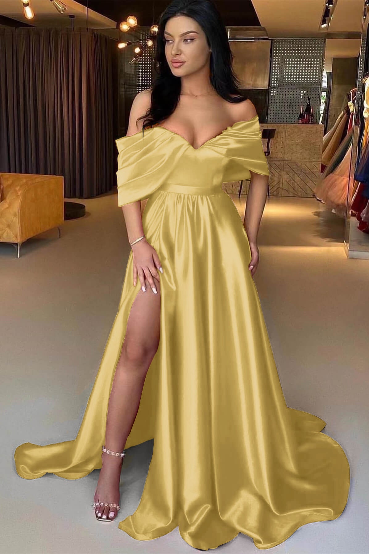 Red A Line Off The Shoulder Prom Dress Split