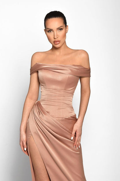 Luxury Vintage Mauve Satin Strapless Off the Shoulder Pleated Prom Dress with Split
