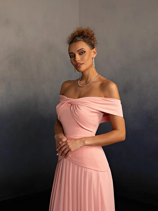Glamorous Pink Off-The-Shoulder Pleated Long Evening Dress