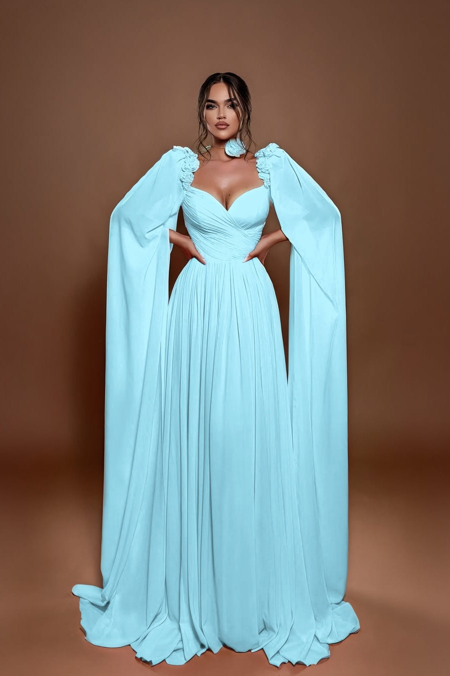 Chic A Line Sleeveless Long Pleated Prom Dress With Shoulder Cape