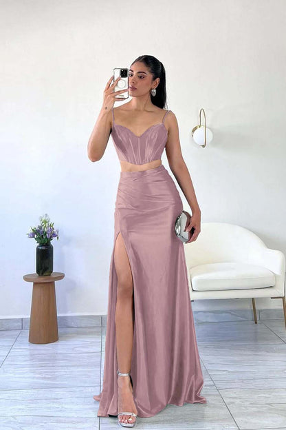 Simple Dark Green Satin Spaghetti Strap Sleeveless Long Prom Dress with Split