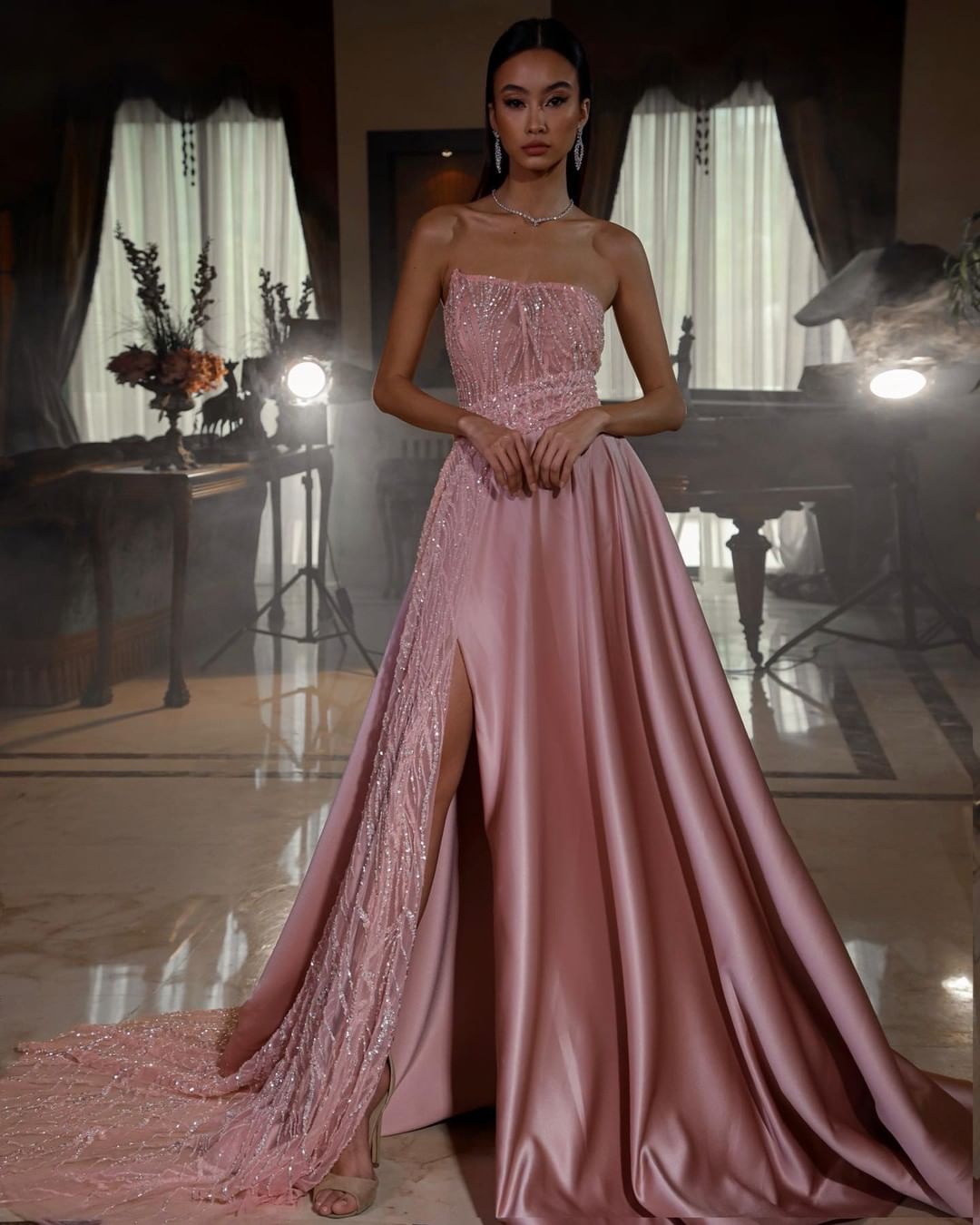 Pink Strapless A-Line Sleeveless Sequins Prom Dress With Split
