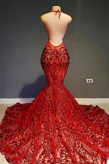 Red Halter Sequins Lace Prom Dress Mermaid