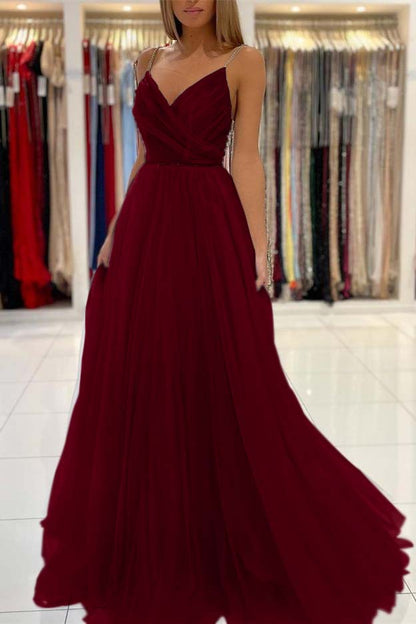 Long Light Sky Blue Spaghetti-Straps Tulle Prom Dress With Beads