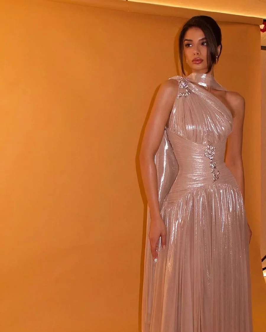 Charming One Shoulder Sleeveless Beaded Pleated Eevening Dress with Scarf