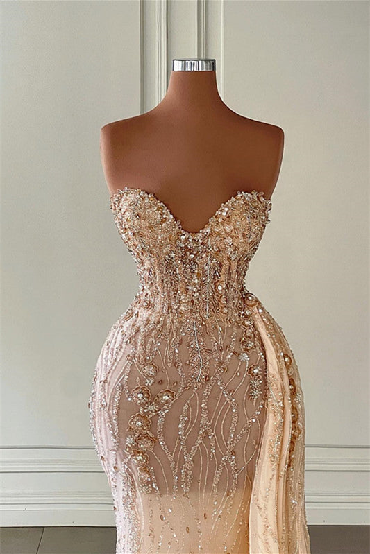 Champagne Sweetheart Sleeveless Mermaid Evening Dress  With Ruffles Beadings