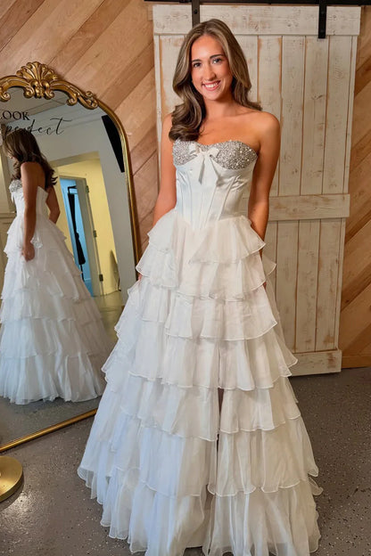 A-Line Empire Beaded Strapless Tiered Party Prom Dress With Slit
