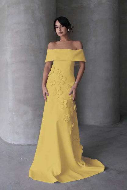 Sleeveless Off-Shoulders Prom Dress With Handmade Flower