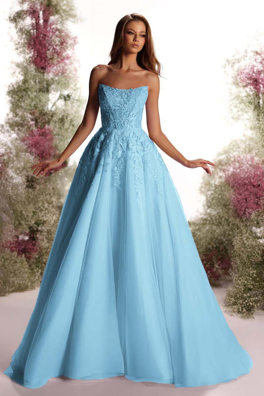 Beautiful Purple Tulle Sleeveless Strapless Applique A Line Prom Dress with Pleated
