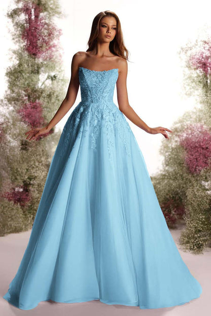 Beautiful Purple Tulle Sleeveless Strapless Applique A Line Prom Dress with Pleated