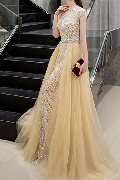 Yellow Sequins Beadings Evening Dress With long Ruffles High Collar Cap Sleeves