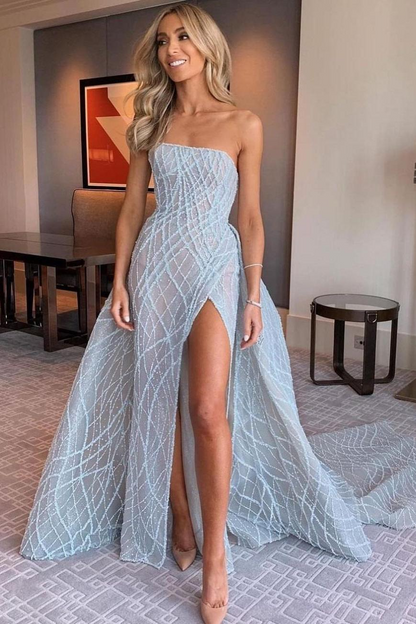 Stunning Light Blue Sleeveless Strapless Long Split Prom Dress with Embroidery