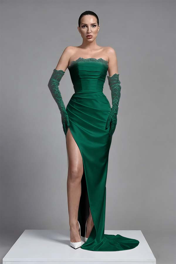 Black Sleeveless Long Split Pleated Evening Dress With Long Gloves