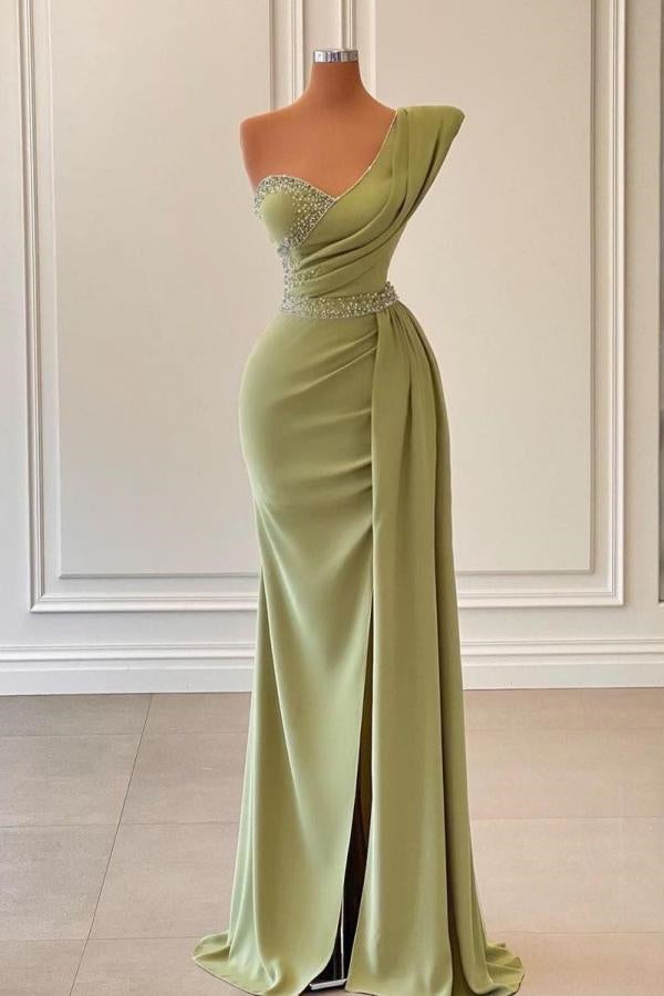 Sage Mermaid One-Shoulder Prom Dress Slit With Beadings