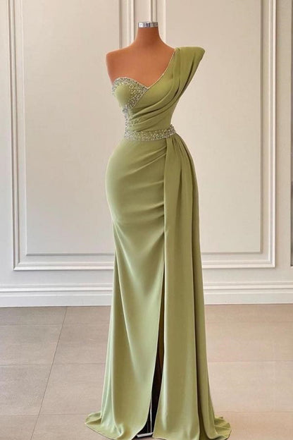 Sage Mermaid One-Shoulder Prom Dress Slit With Beadings