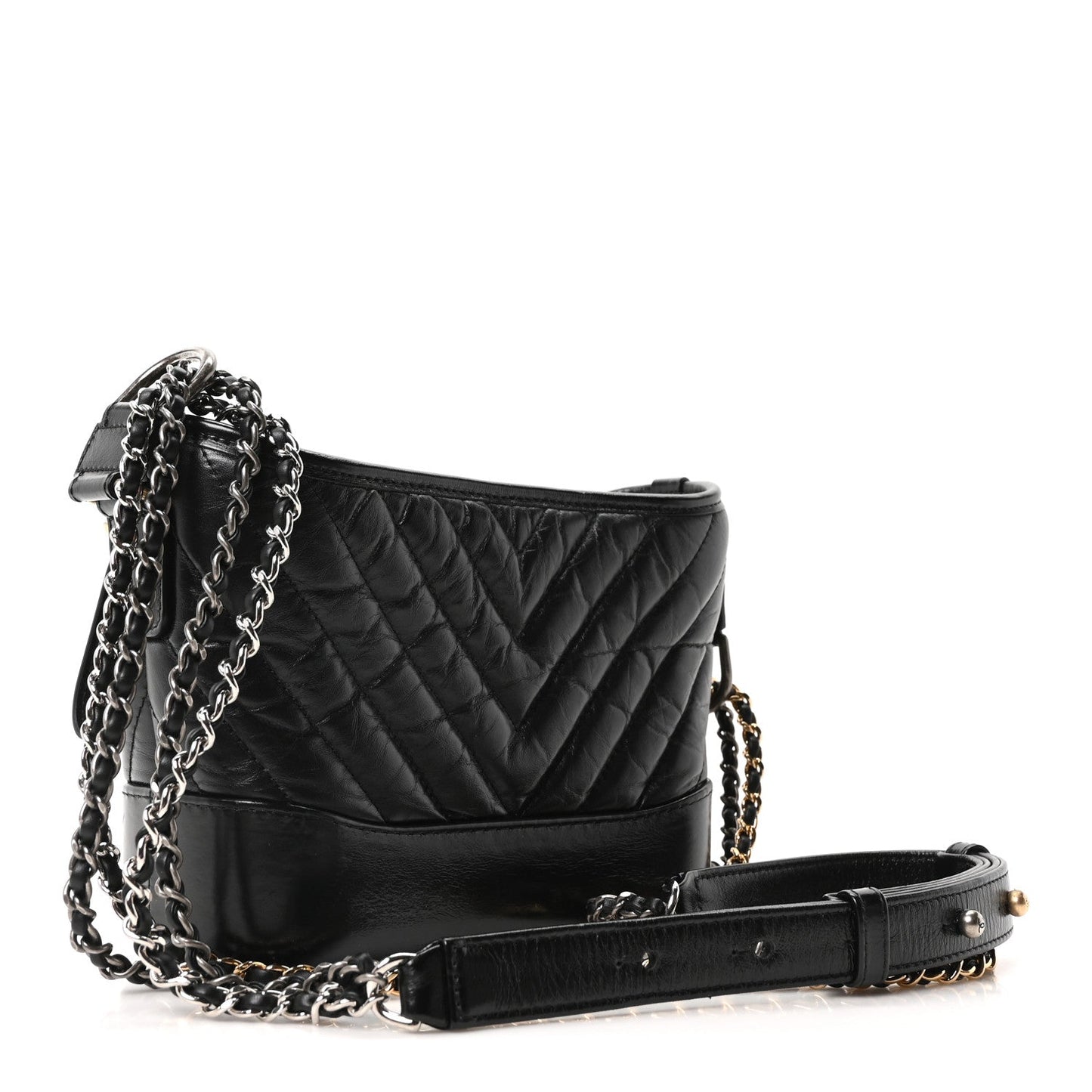Aged Calfskin Chevron Quilted Small Gabrielle Hobo Black