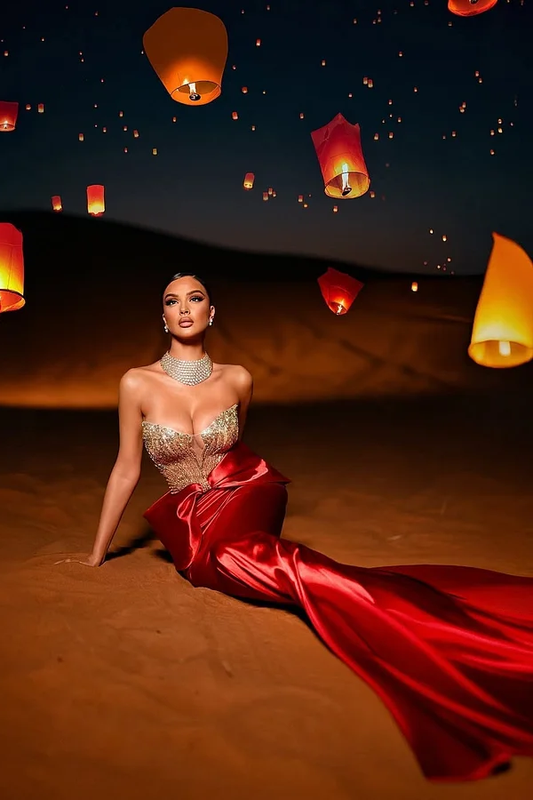 Red Sleeveless Strapless V-Neck Beads Mermaid Prom Dress