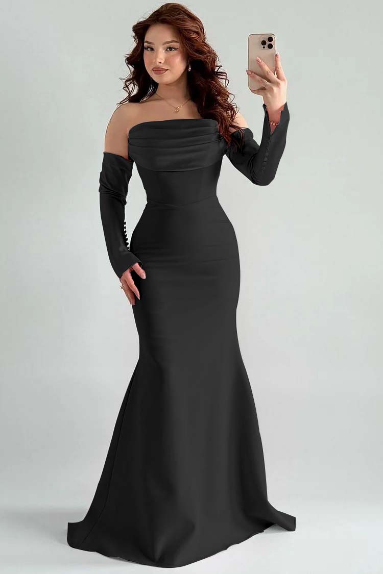 Square Strapless Mermaid Long Sleeves Prom Dress With Pleated