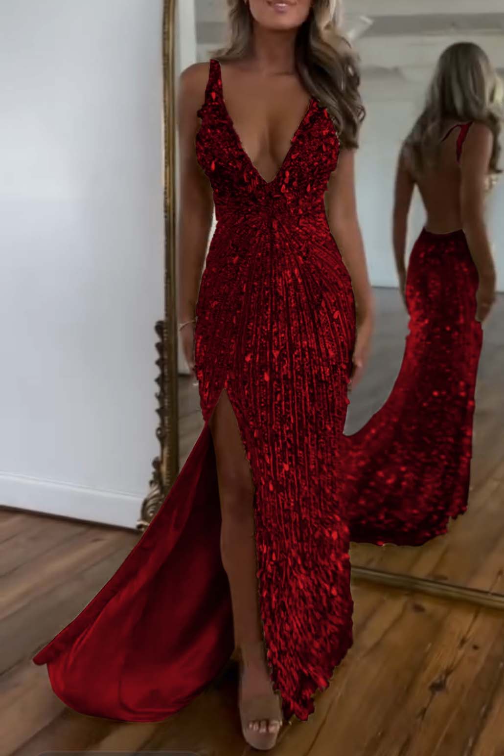 Charming Gold Sequins Spaghetti Strap Sleeveless V Neck Long Prom Dress with Split