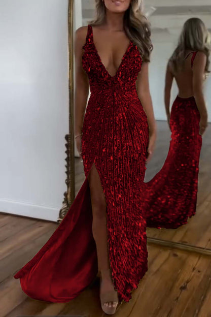 Charming Gold Sequins Spaghetti Strap Sleeveless V Neck Long Prom Dress with Split
