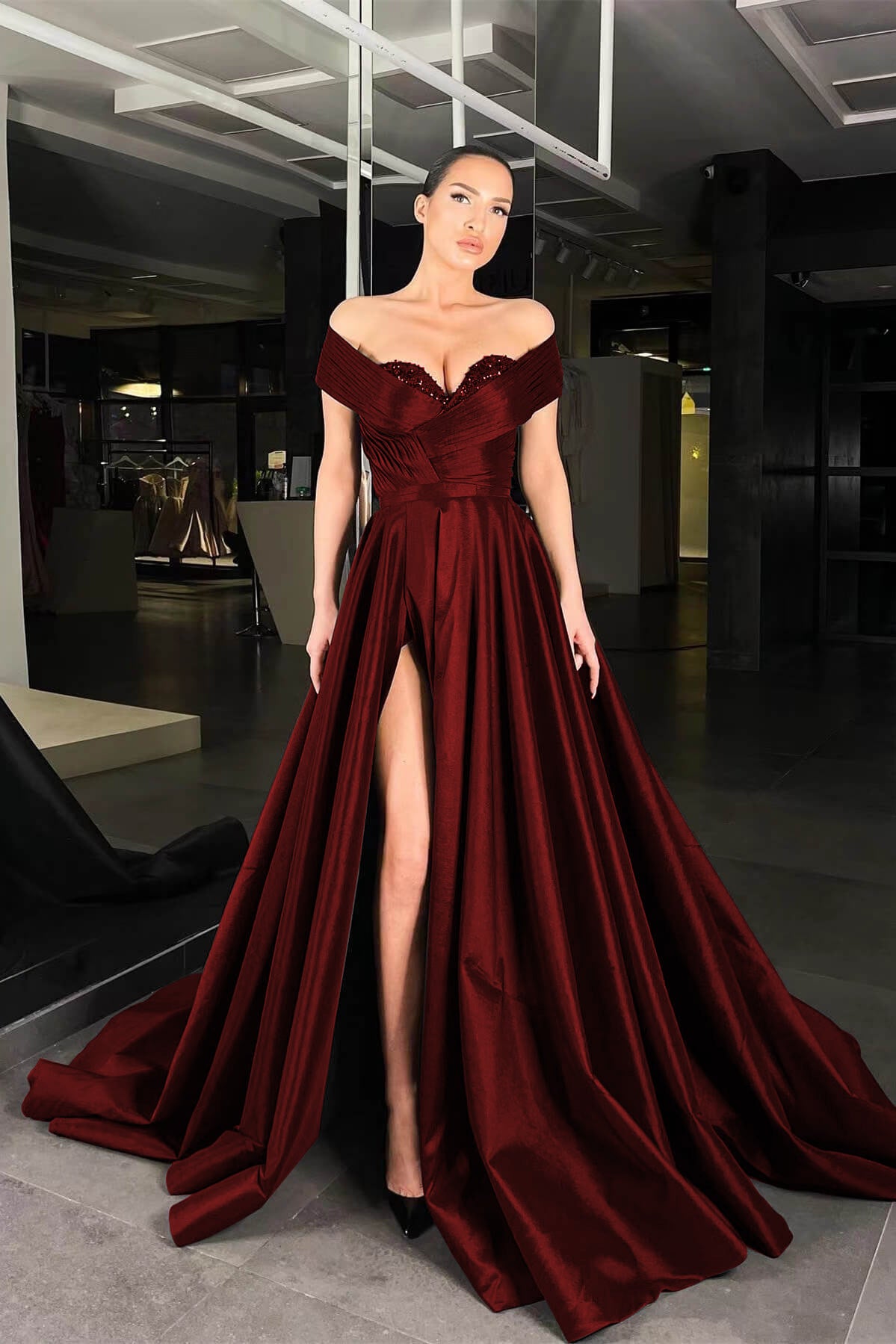 Black Long Off The Shoulder Beads Prom Dress A Line Slit