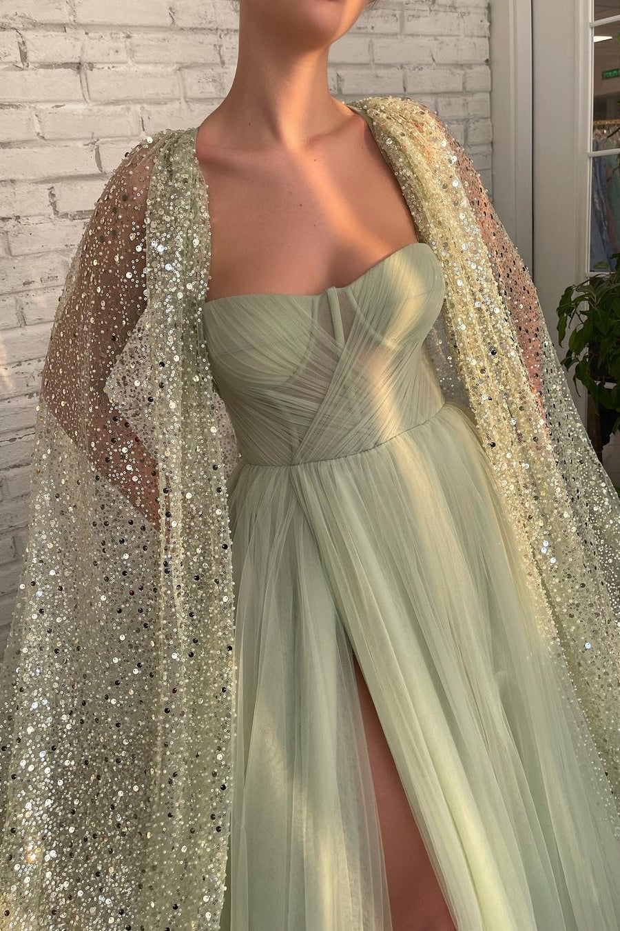 Light Green Sweetheart Tulle Split Prom Dress with Sage Sparkly Sequin Cape