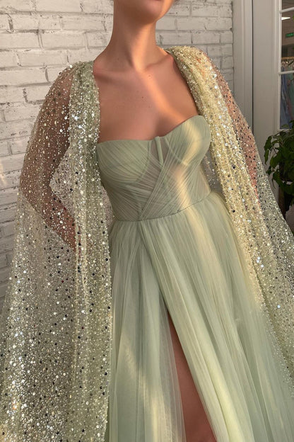 Light Green Sweetheart Tulle Split Prom Dress with Sage Sparkly Sequin Cape