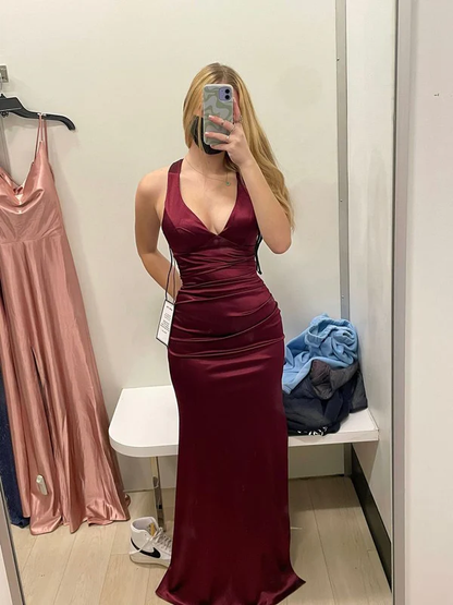 Dark Green V Neck Halter Mermaid Satin Long Prom Dress MD7340