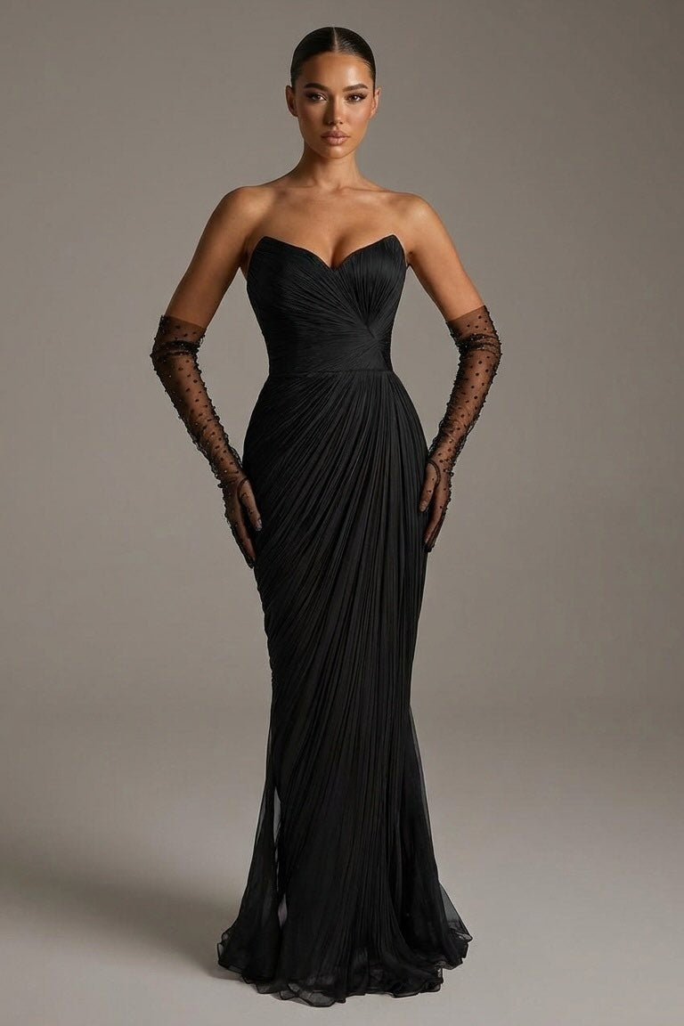Elegant Black Sleeveless Mermaid Evening Dress With Gloves