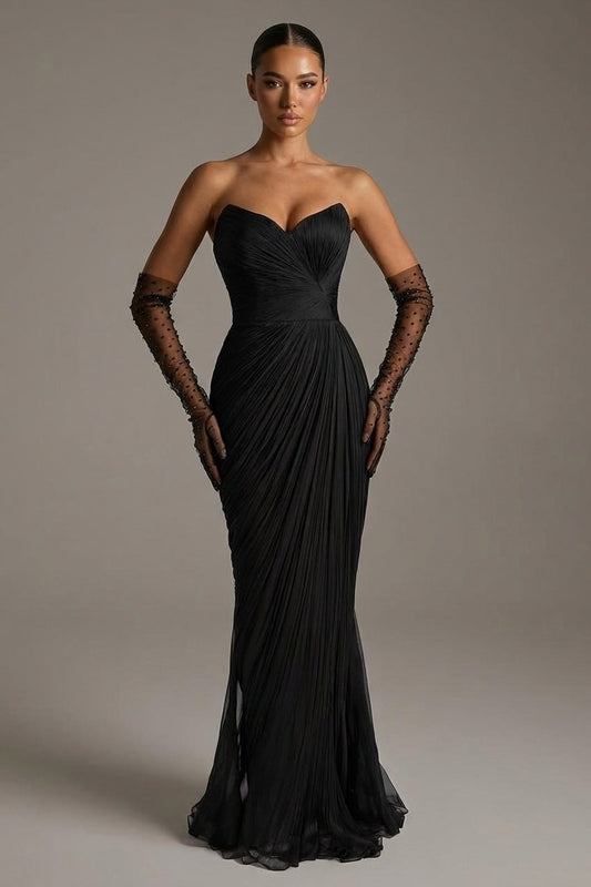 Elegant Black Sleeveless Mermaid Evening Dress With Gloves