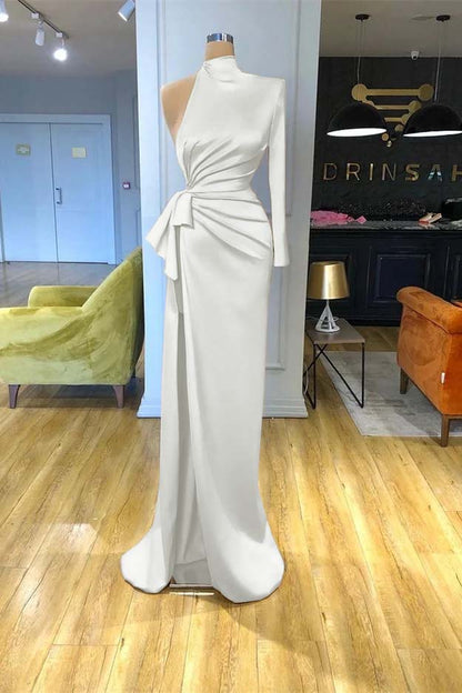 High Neck Champagne Mermaid Prom Dress Long Sleeves Split