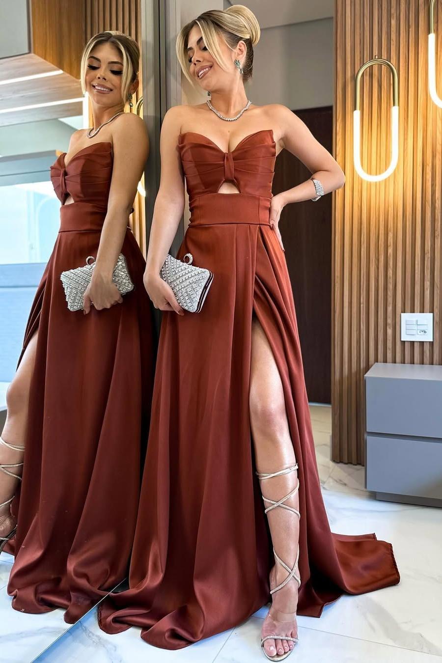 Elegant Satin Sweetheart Sleeveless Strapless Long Pleated Prom Dress with Split