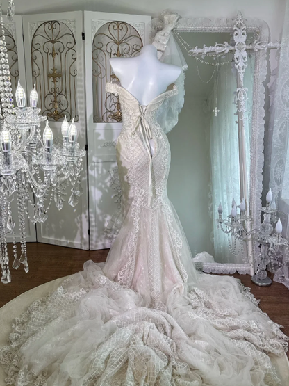 Off The Shoulder Lace Wedding Dress Ivory Wedding Gown fg8657