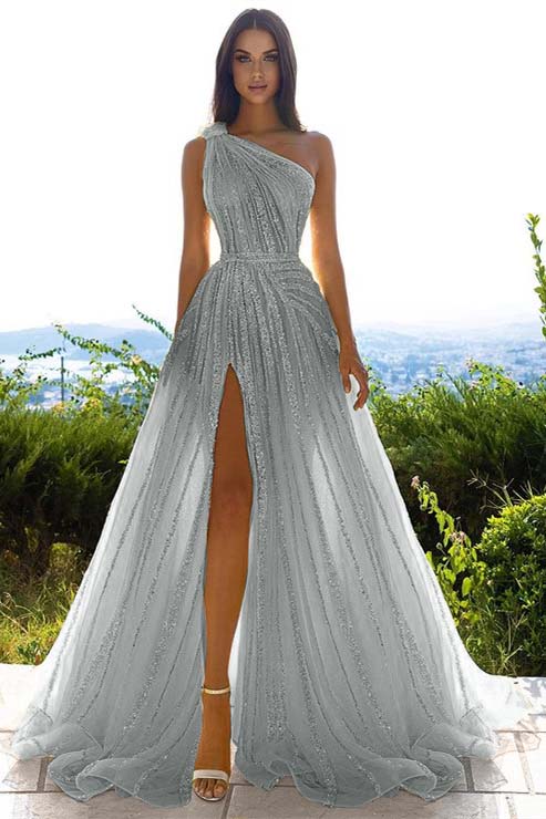 Sequins One Shoulder Prom Dress Daffodil With Front Slit