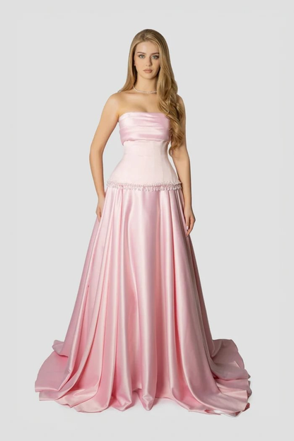 Baby Pink Strapless Evening Dress A-Line Sleeveless in Satin With Beading