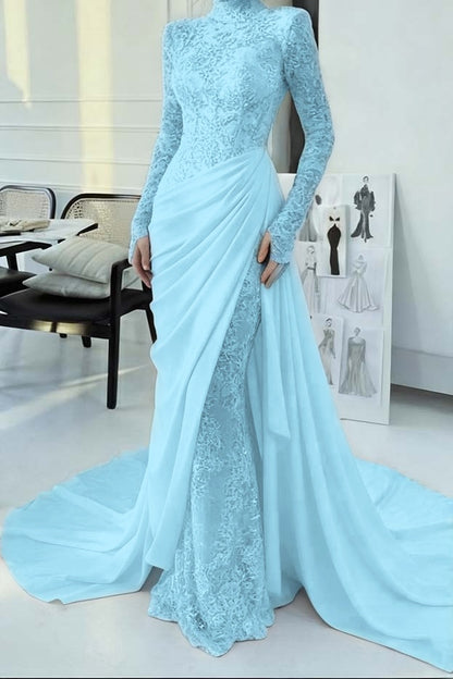 Glamorous Lace Burgundy High Neck Long Sleeves Evening Dress With Appliques